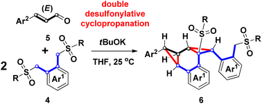 Graphical abstract: Sequential condensation and double desulfonylative cyclopropanation of 1,2-bis(sulfonylmethyl)arenes with 3-arylacroleins: access to biscyclopropane-fused tetralins