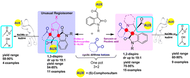 Graphical abstract: Regioselective synthesis of enantiopure 1,2- and 1,3-dispirooxindoles along with a DFT study