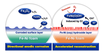 Graphical abstract: Rapid “self-healing” behavior induced by chloride anions to renew the Fe–Ni(oxy)hydroxide surface for long-term alkaline seawater electrolysis