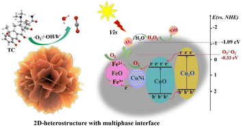 Graphical abstract: 2D hetero-nanostructured reduced-CuNiFe-oxides with self-produced H2O2 Fenton-like photocatalysis for tetracycline degradation