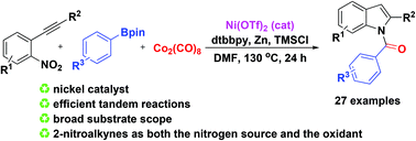 Graphical abstract: Nickel-catalyzed carbonylative domino cyclization of arylboronic acid pinacol esters with 2-alkynyl nitroarenes toward N-aroyl indoles