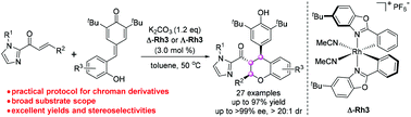 Graphical abstract: Construction of chiral chroman skeletons via catalytic asymmetric [4 + 2] cyclization of ortho-hydroxyphenyl-substituted para-quinone methides catalyzed by a chiral-at-metal rhodium complex