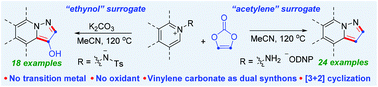 Graphical abstract: Transition metal- and oxidant-free [3 + 2] cyclization of azomethine imines utilizing vinylene carbonate as dual synthons