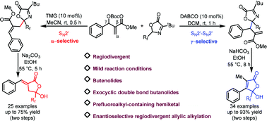 Graphical abstract: Synthesis of γ-hydroxy-γ-perfluoroalkyl butenolides and exocyclic double bond butanolides via regioselective allylic alkylations of MBH carbonates with 2-perfluoroalkyl-oxazol-5(2H)-ones