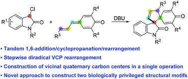 Graphical abstract: Tandem 1,6-addition/cyclopropanation/rearrangement reaction of vinylogous para-quinone methides with 3-chlorooxindoles: construction of vicinal quaternary carbon centers