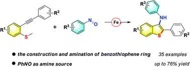 Graphical abstract: Iron-catalyzed one-pot cyclization and amination of 2-alkynylthioanisoles using nitrosobenzenes as the amine source