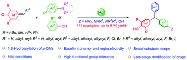 Graphical abstract: Silver-catalyzed regioselective 1,6-hydroarylation of para-quinone methides with anilines and phenols