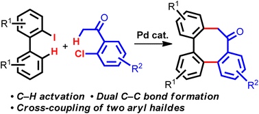 Graphical abstract: Palladium-catalyzed cross-coupling of 2-iodobiphenyls with ortho-chloroacetophenones through dual C–H arylation for the construction of tribenzo[a,c,f]cyclooctanones