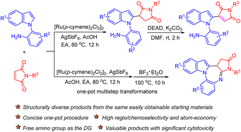 Graphical abstract: Divergent construction of 3-(indol-2-yl)succinimide/maleimide and fused benzodiazepine skeletons from 2-(1H-indol-1-yl)anilines and maleimides