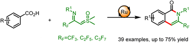 Graphical abstract: Ruthenium(ii)-catalyzed synthesis of CF3-isoquinolinones via C–H activation/annulation of benzoic acids and CF3-imidoyl sulfoxonium ylides