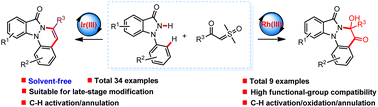 Graphical abstract: A cascade indazolone-directed Ir(iii)- and Rh(iii)-catalyzed C(sp2)–H functionalization/[4 + 2] annulation of 1-arylindazolones with sulfoxonium ylides to access chemically divergent 8H-indazolo [1,2-a]cinnolines