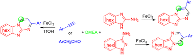 Graphical abstract: Iron-catalyzed [3 + 2 + 1] annulation of 2-aminobenzimidazoles/3-aminopyrazoles and aromatic alkynes using N,N-dimethylaminoethanol as a one carbon synthon for the synthesis of pyrimido[1,2-a]benzimidazoles and pyrimido[1,2-b]indazoles