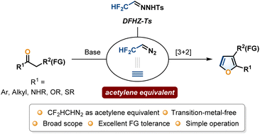 Graphical abstract: Difluorodiazoethane as a masked acetylene equivalent in formal [3 + 2] cycloadditions with ketones to access 2,3-functionalized furans