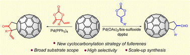 Graphical abstract: Palladium-catalyzed decarboxylative [2 + 3] cyclocarbonylation reactions of [60]fullerene: selective synthesis of [60]fullerene-fused 3-vinylcyclopentan-4-ones and cyclopentane-4-carbaldehydes