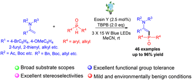 Graphical abstract: Visible-light-initiated regio- and stereoselective C(sp2)–H phosphorylation of enamides under transition-metal-free conditions