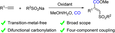 Graphical abstract: Direct difunctional carbonylation of terminal alkynes with sodium sulfinates to access olefin sulfonyl methyl esters under metal-free conditions