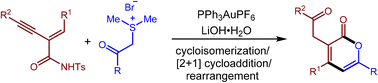 Graphical abstract: Synthesis of α-pyrones via gold-catalyzed cycloisomerization/[2 + 1] cycloaddition/rearrangement of enyne-amides and sulfur ylides