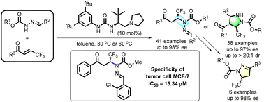 Graphical abstract: Asymmetric Brønsted base-catalyzed aza-Michael addition and [3 + 2] cycloaddition reactions of N-ester acylhydrazones and enones