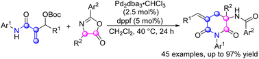 Graphical abstract: Palladium-catalyzed [4 + 2] cycloaddition of amido-tethered allylic carbonates with oxazol-5-(4H)-ones: synthesis of piperidine-2,6-dione derivatives