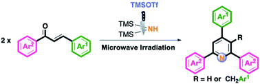 Graphical abstract: TMSOTf-mediated Kröhnke pyridine synthesis using HMDS as the nitrogen source under microwave irradiation