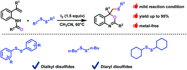 Graphical abstract: Iodine-mediated oxythiolation of o-vinylanilides with disulfides for the synthesis of benzoxazines