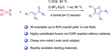 Graphical abstract: A facile metal-free one-flask synthesis of multi-substituted furans via a BF3·Et2O mediated formal [4 + 1] reaction of 3-chloro-3-phenyldiazirines and α,β-alkenyl ketones
