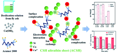 Graphical abstract: Fly ash derived calcium silicate hydrate as a highly efficient and fast adsorbent for Cu(ii) ions: role of copolymer functionalization