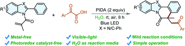 Graphical abstract: Visible-light-promoted decarboxylative radical cascade cyclization to acylated benzimidazo/indolo[2,1-a]isoquinolin-6(5H)-ones in water