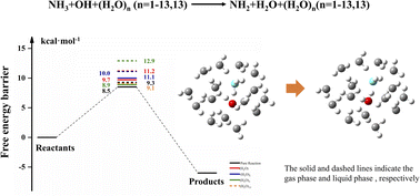 Graphical abstract: Effect of (H2O)n (n = 0–3, 13) on the NH3 + OH reaction in the gas and liquid phases