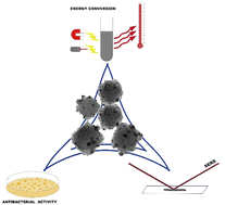 Graphical abstract: Alternating magnetic field and NIR energy conversion on magneto-plasmonic Fe3O4@APTES–Ag heterostructures with SERS detection capability and antimicrobial activity