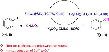 Graphical abstract: Magnetically separable triazine-based Cu(ii)–vitamin B5 complex in nitromethane toward efficient heterogeneous cyanation reaction of aryl halides