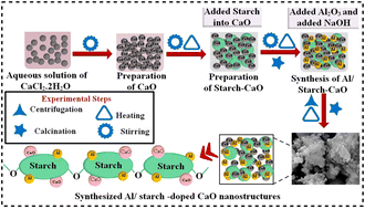 Graphical abstract: Synthesis of Al/starch co-doped in CaO nanoparticles for enhanced catalytic and antimicrobial activities: experimental and DFT approaches