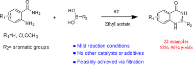 Graphical abstract: A rapid construction of 1,3,2-benzodiazaborininones [R–B(aam)] from boronic acids and anthranilamides