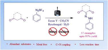 Graphical abstract: Visible light mediated organocatalytic dehydrogenative aza-coupling of 1,3-diones using aryldiazonium salts