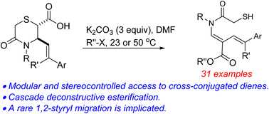 Graphical abstract: Serendipitous synthesis of cross-conjugated dienes by cascade deconstructive esterification of thiomorpholinone-tethered alkenoic acids