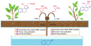 Graphical abstract: Synthesis of tetrahydrochromenes and dihydronaphthofurans via a cascade process of [3 + 3] and [3 + 2] annulation reactions: mechanistic insight for 6-endo-trig and 5-exo-trig cyclisation