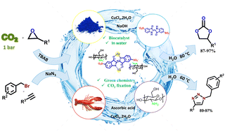 Graphical abstract: In situ copper nanoparticle immobilization on the indigo carmine-functionalized chitosan: a versatile biocatalyst towards CO2 fixation and click reactions in water