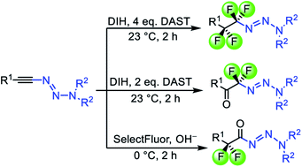 Graphical abstract: Chemo- and regio-divergent access to fluorinated 1-alkyl and 1-acyl triazenes from alkynyl triazenes