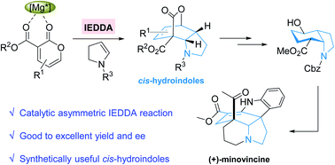 Graphical abstract: Enantioselective construction of cis-hydroindole scaffolds via an asymmetric inverse-electron-demand Diels–Alder reaction: application to the formal total synthesis of (+)-minovincine