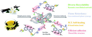 Graphical abstract: A mussel-inspired high bio-content thermosetting polyimine polymer with excellent adhesion, flame retardancy, room-temperature self-healing and diverse recyclability