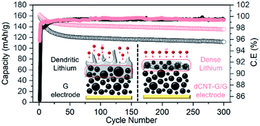 Graphical abstract: Dendrite-free lithium deposition on conventional graphite anode by growth of defective carbon-nanotube for lithium-metal/ion hybrid batteries