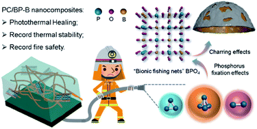 Graphical abstract: Photothermal-healing, and record thermal stability and fire safety black phosphorus–boron hybrid nanocomposites: mechanism of phosphorus fixation effects and charring inspired by cell walls