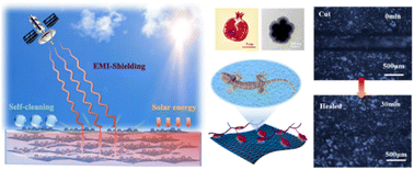 Graphical abstract: Bio-inspired self-healing flexible films with pomegranate-shaped nanosphere loaded graphene for electromagnetic interference shielding and superhydrophobicity performances