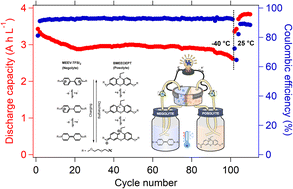 Graphical abstract: A prototype of high-performance two-electron non-aqueous organic redox flow battery operated at −40 °C