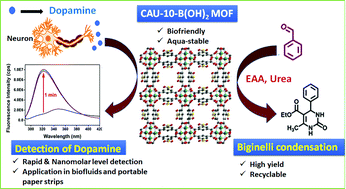 Graphical abstract: Two birds with one arrow: a functionalized Al(iii) MOF acts as a fluorometric sensor of dopamine in bio-fluids and a recyclable catalyst for the Biginelli reaction