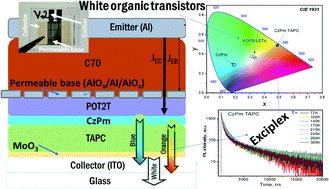 Graphical abstract: White vertical organic permeable-base light-emitting transistors obtained by mixing of blue exciton and orange interface exciplex emissions
