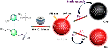 Graphical abstract: Rapid microwave fabrication of red-carbon quantum dots as fluorescent on–off–on probes for the sequential determination of Fe(iii) ion and ascorbic acid in authentic samples