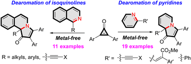 Graphical abstract: Dearomative cyclization of pyridines/isoquinolines with cyclopropenones: access to indolizinones and benzo-fused indolizinones