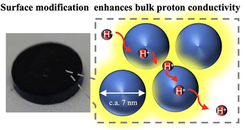 Graphical abstract: Surface modification enhances the bulk proton conductivity of Prussian blue