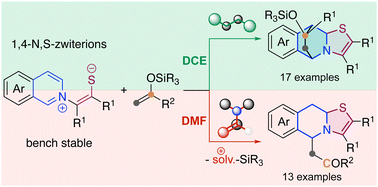Graphical abstract: Divergent access to fused N-heterocycle-thiazolines by solvent-dependent reaction of isoquinolinium thiolates with silylketene acetals